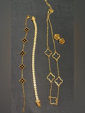 Bundle of Gold Jewelries- Tennis bracelet, Clover bracelet,necklace and earrings